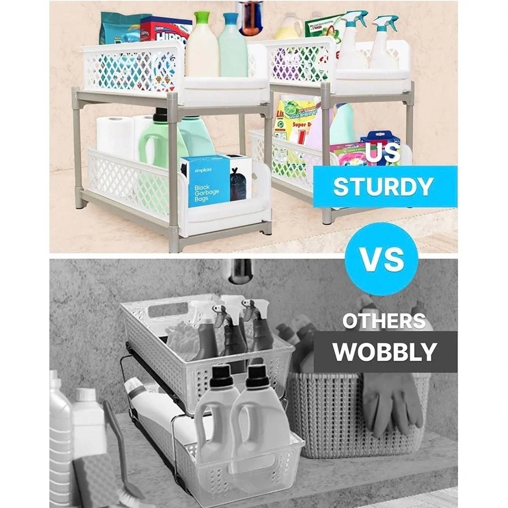 Skywin 2-Tier Sliding Cabinet Pull Out Organizer, White Plastic Storage Drawers